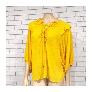 Anthropologie Yellow Flutter Sleeve Blouse with Tie Front